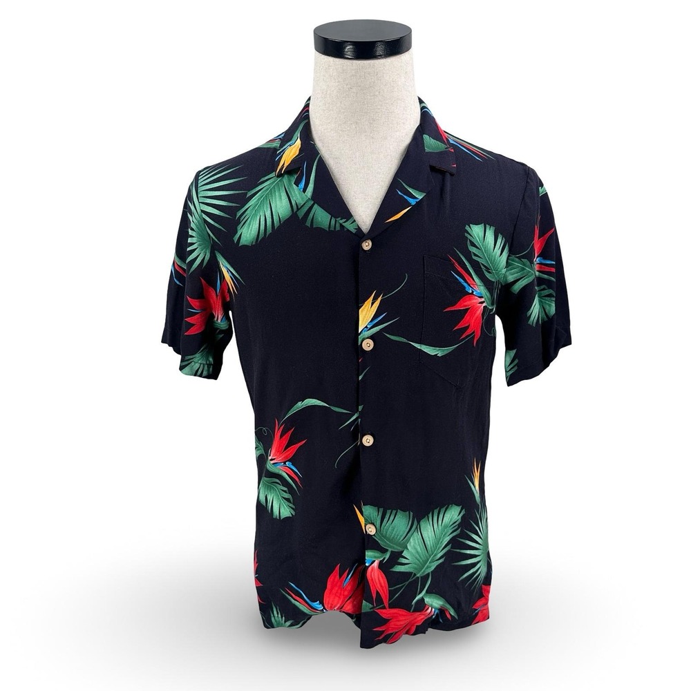 Vintage Paradise Found Hawaii Men Small Black Palm Flower Floral Aloha Shirt USA